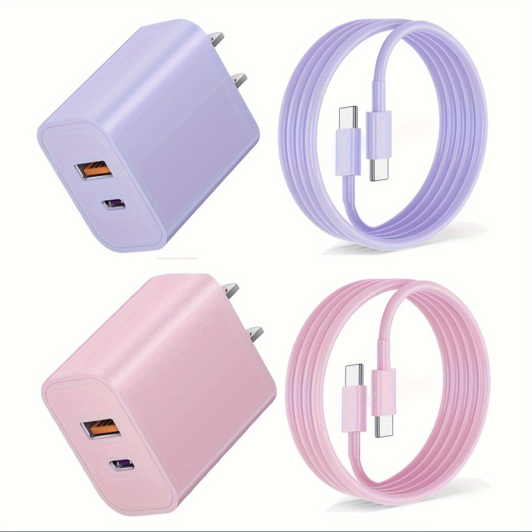 

20w Dual Port Fast Charger Block With 6ft Cable, Type C Fast Charging Set For Iphone 15 Series Ipad Samsung & More - Purple/ Pink/ Green/ White