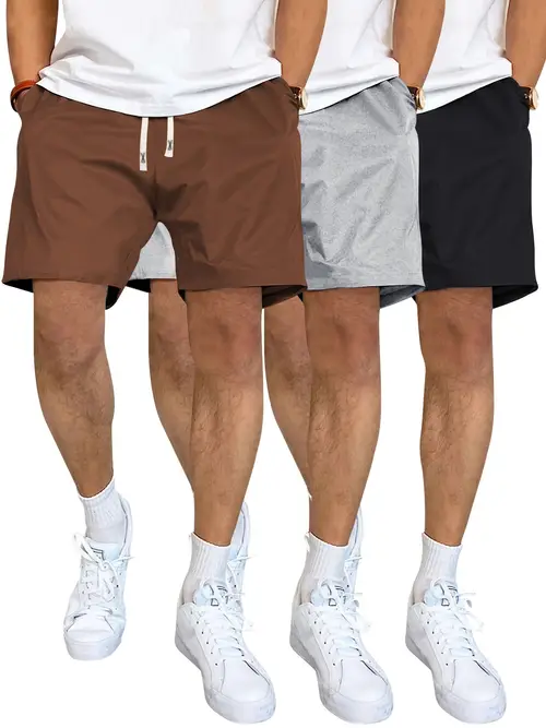 3pcs mens solid colour shorts with drawstring shorts comfy breathable casual shorts mens clothing