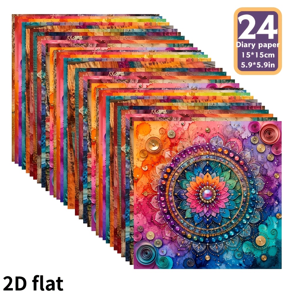 TEMU 2d Flat Bohemian Colorful Floral Paper, 24 Sheets 5.9 X 5.9 Inches Vibrant Decorative Pattern Paper, Integrating Mandala And Colorful Plant Art,