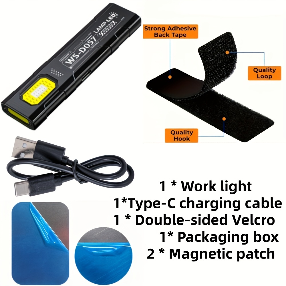 TEMU Mini Led Flashlight - Usb Rechargeable, Magnetic Base, 5-level Dimming With Side Light And Clip, Includes Magic Tape & Data Cable, Suitable For