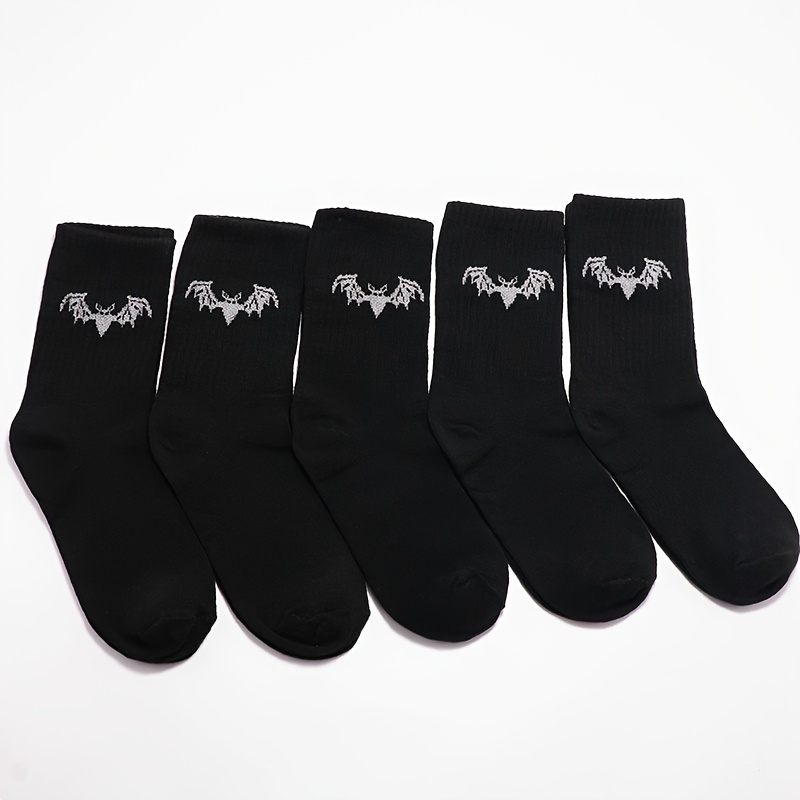 E-shop 5 Paar Damen Schwarze Fledermaus-Grafik Crew-Socken - Atmungsaktive Geruchshemmende Wadensocken mit Gotischem Design, Leichte Sommersocken für