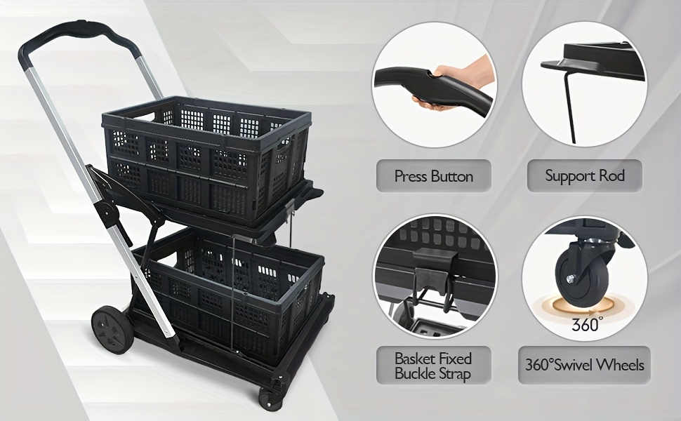 Two Layers Folding Shopping Cart | Multi Use Functional Collapsible Carts | Collapsible Grocery Carts | Shopping Cart with Storage Crate | Utility Cart for Groceries, Warehouse, Supermarket.Black