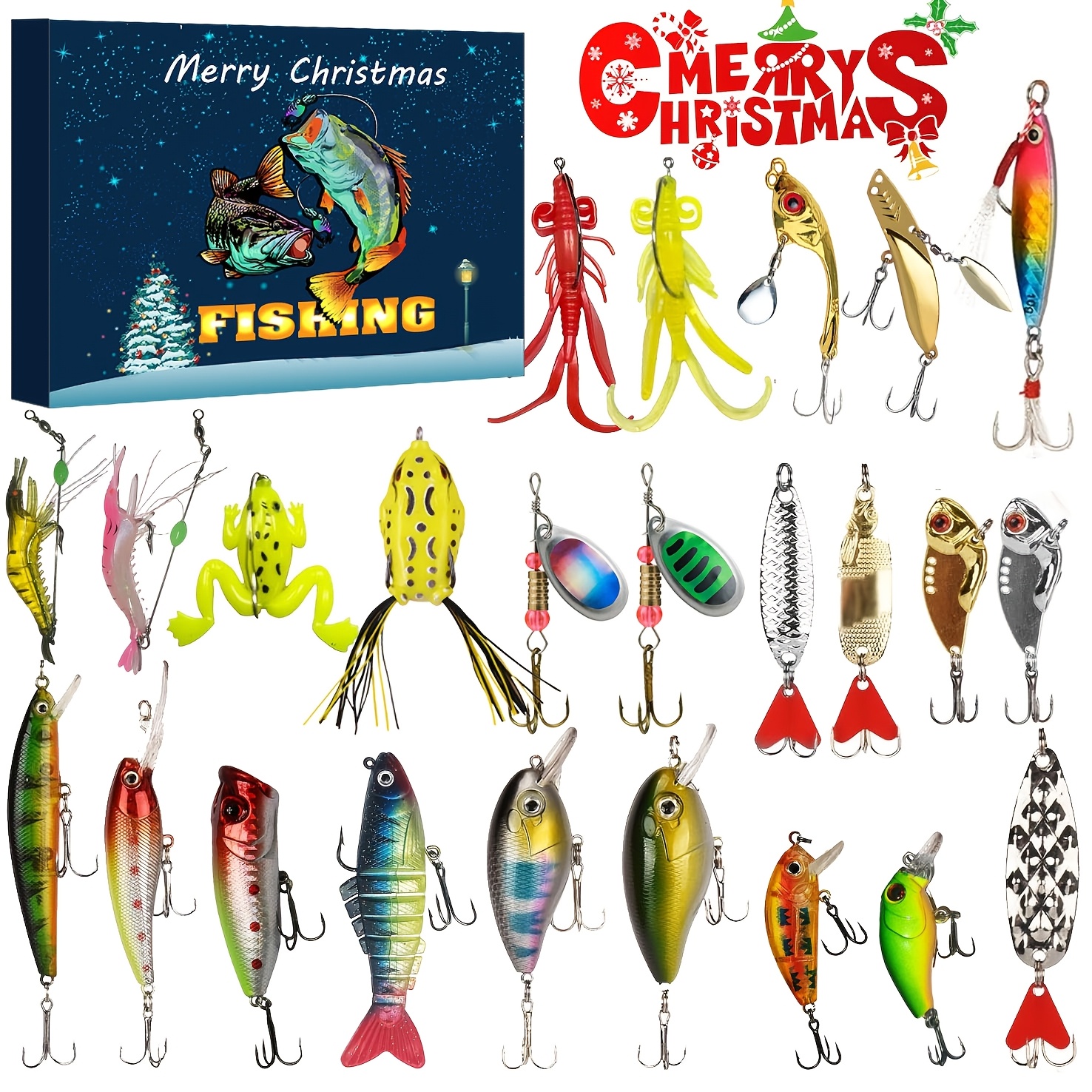   Christmas Advent Calendar Bait Set - Professional Bait Kit with Stainless Steel and Plastic Hooks, Popper, Pencil, Minnow, Frog Spoon, Shrimp Bait for All   Unique Christmas Gift Idea for 2025