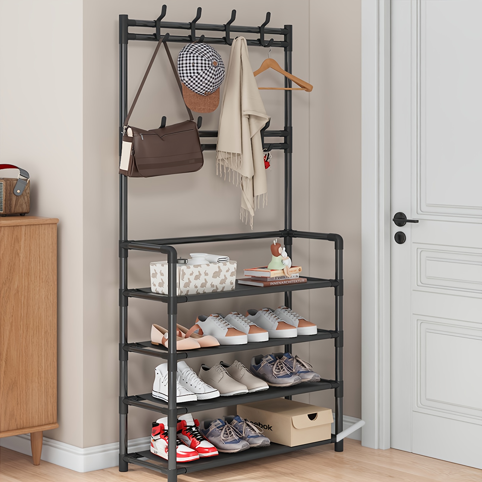 TEMU Porte-manteau et Étagère à Chaussures pour Entrée avec Crochets, Solution de Rangement Moderne Finition Noire, Support Monté sur Porte de Place,