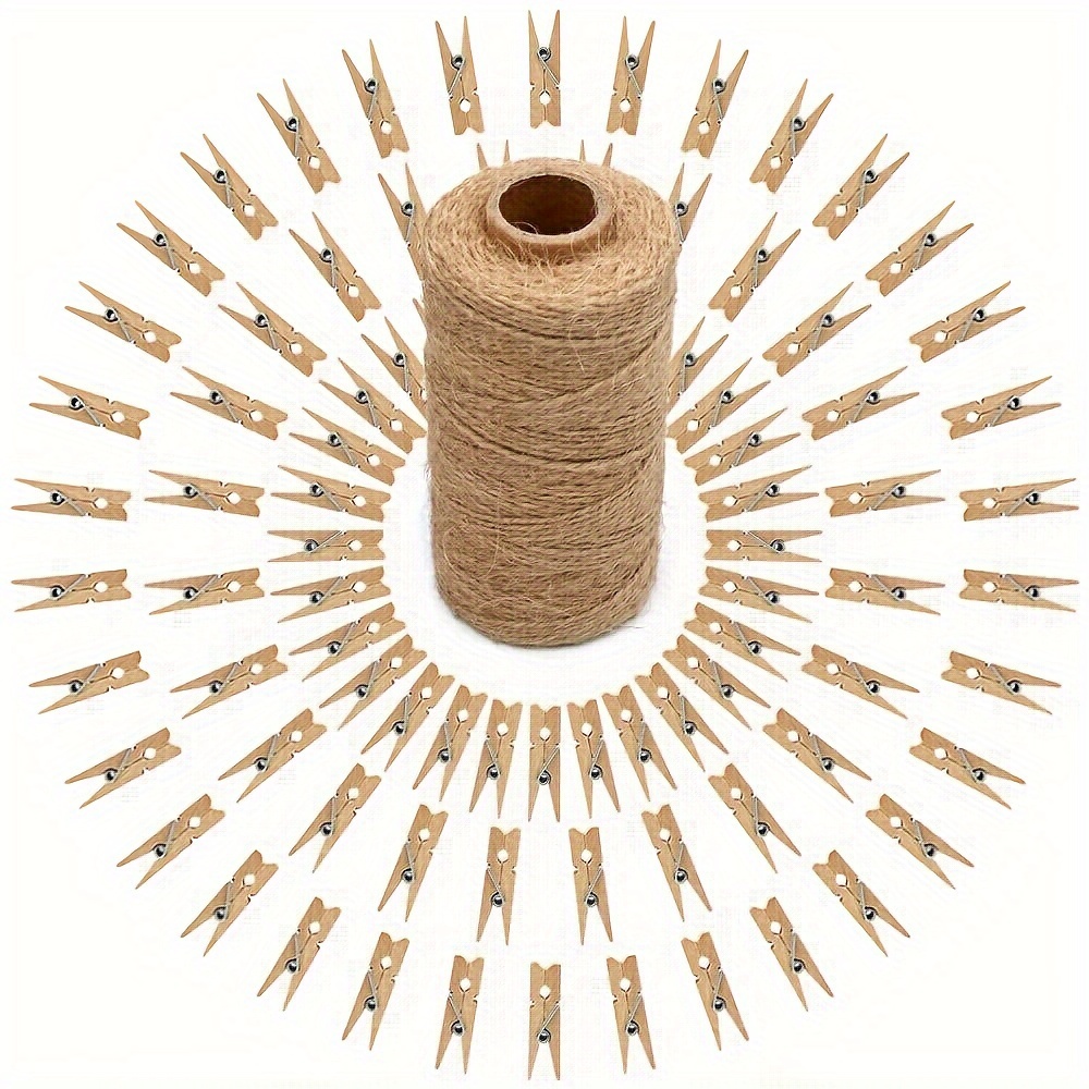 

100pcs/set Clothespins With String Cords, Heavy-duty Wooden Clothes Pins With Jute Twine, Mini Photo Clips For Hanging Clip Photos, Clothes, Crafts, Arts Outdoor And Indoor