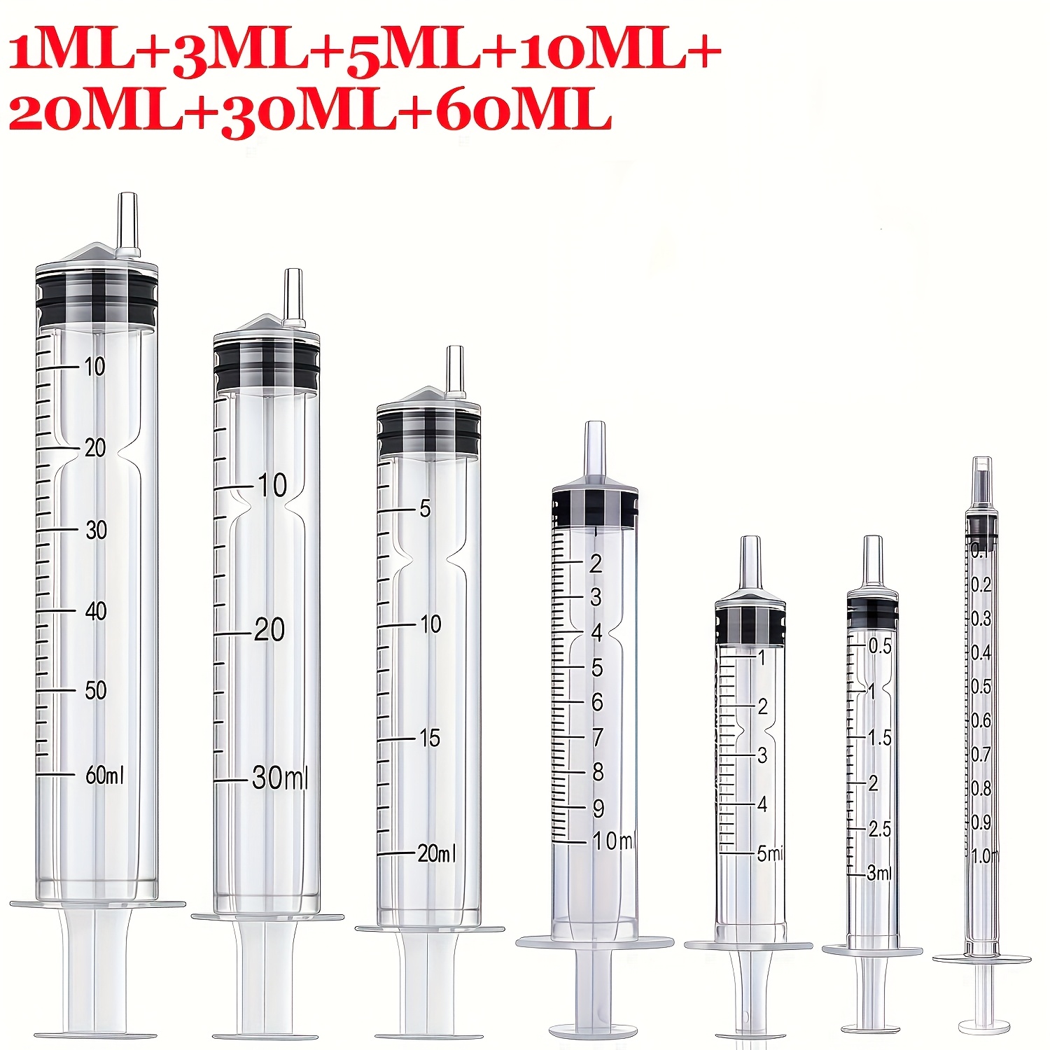 Image of 7pcs Syringe Set (1ml/3ml/10ml/20ml/30ml/60ml), Clear Graduations, For Glue Dispensing, Liquid Measurement, Pet Food Feeding, Ink Refills, And More, Multiple Sizes