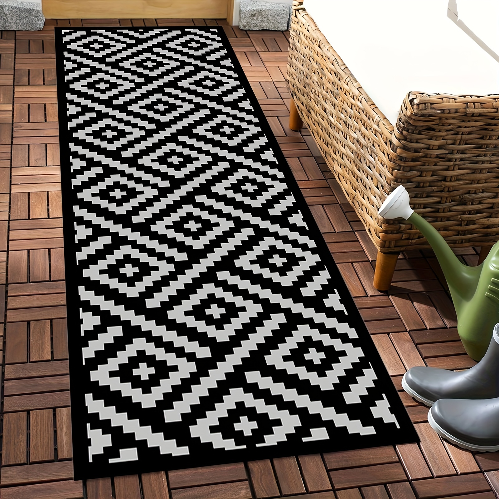 TEMU 1pc Gray Geometric Pattern Long Runner Mat - Nordic Style Durable Polyester Machine-washable Indoor/outdoor Mat For Hallway, Patio, Garden,
