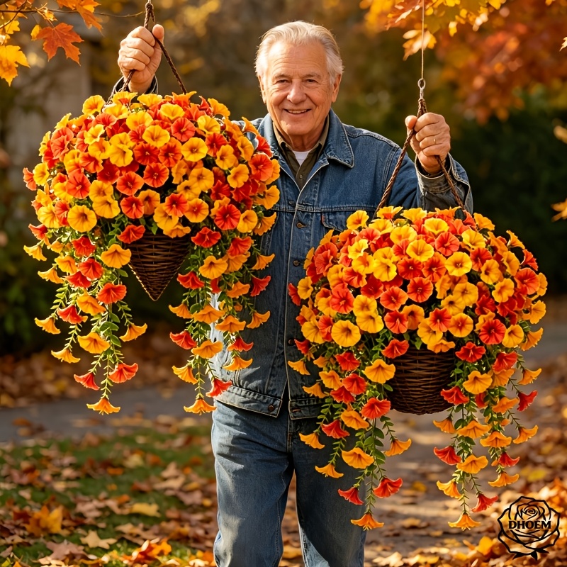 2 bundles of high end artificial hanging basket   vines realistic and   delicate   orange and yellow bouquets suitable for indoor outdoor decoration   weddings   gardens   fall