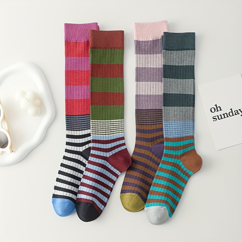 Image of 4 Pairs Of Long Striped Socks For Casual Sports And Versatile Spring And Autumn Women'
