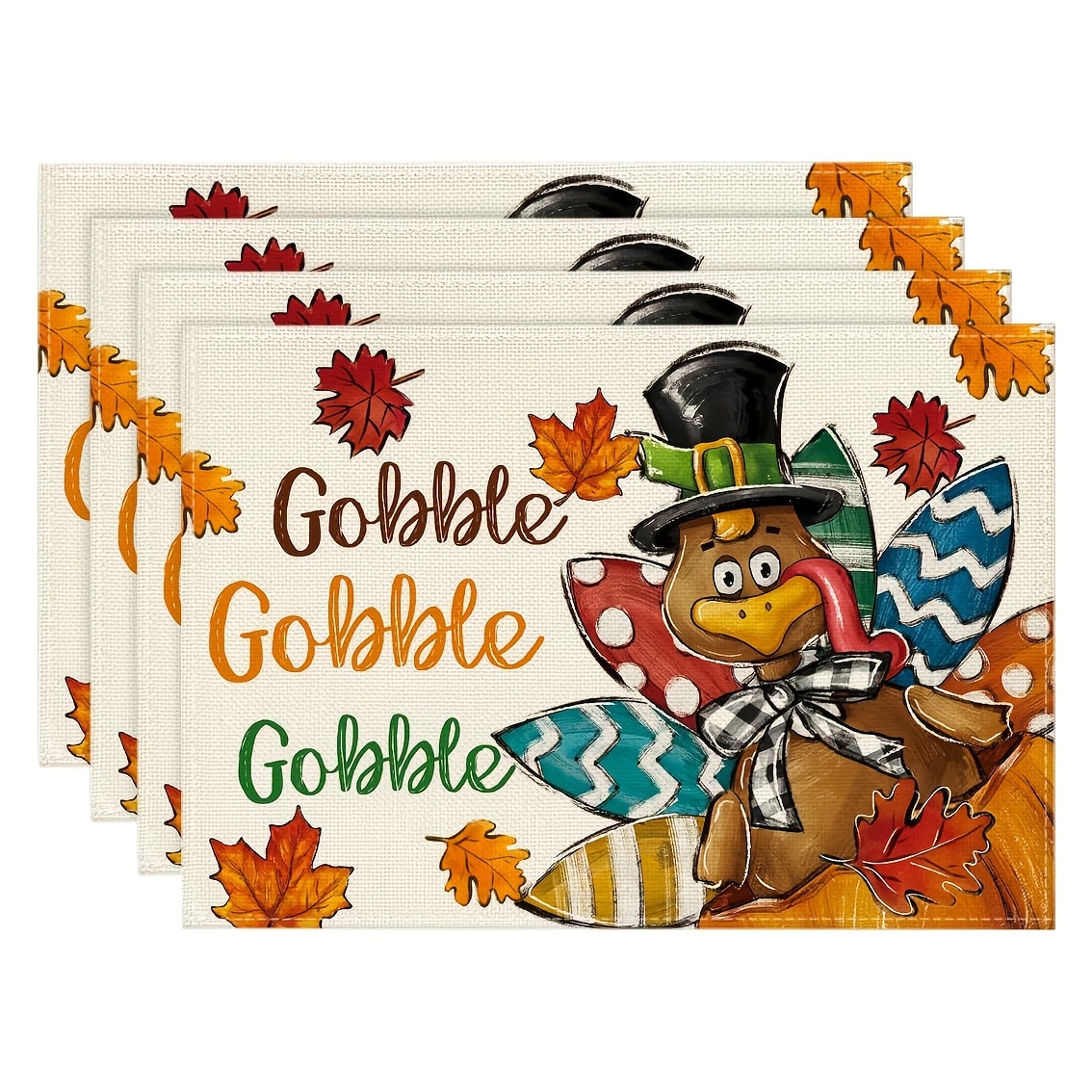 

4-piece Set Of Thanksgiving Placemats - Turkey & Maple Leaf Design, 12x18 Inch, Polyester, Square, Machine Washable - Perfect For Fall Harvest Parties & Kitchen Decor