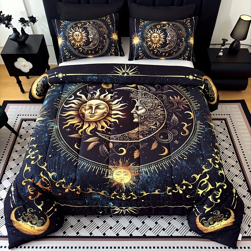 TEMU 2d Flat 3pcs And Moon Planet Intensification Quilt Set(1 Comforter+2 Pillowcases Without Pillow Core), Contains Padding 180gsm Quilting Soft