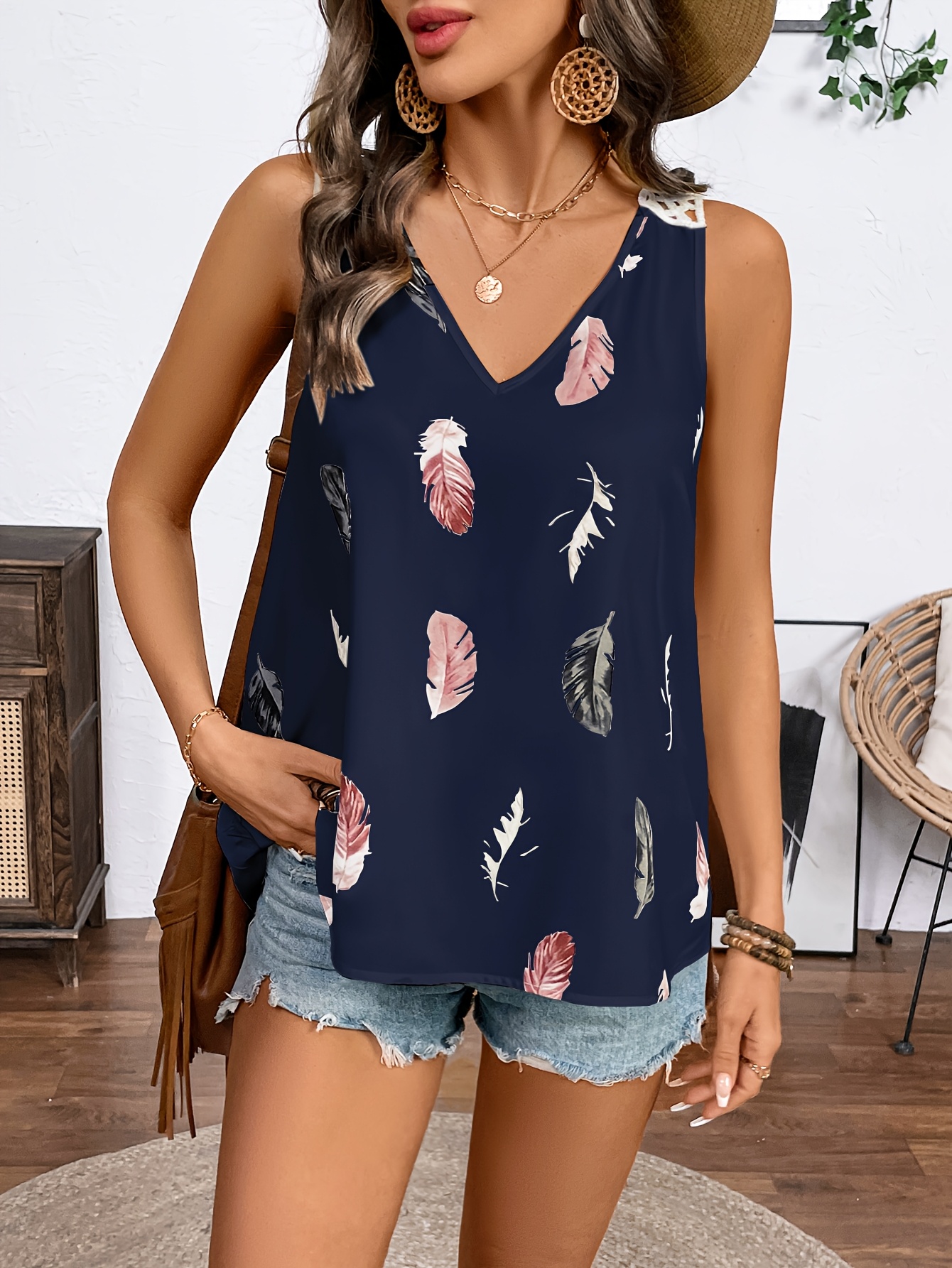 Elegant V-neck Sleeveless Vest, Woven Non-Stretch Fabric, Pattern, with Contrasting Lace Details, for Women, with Voluminous Floral and Ruffles
