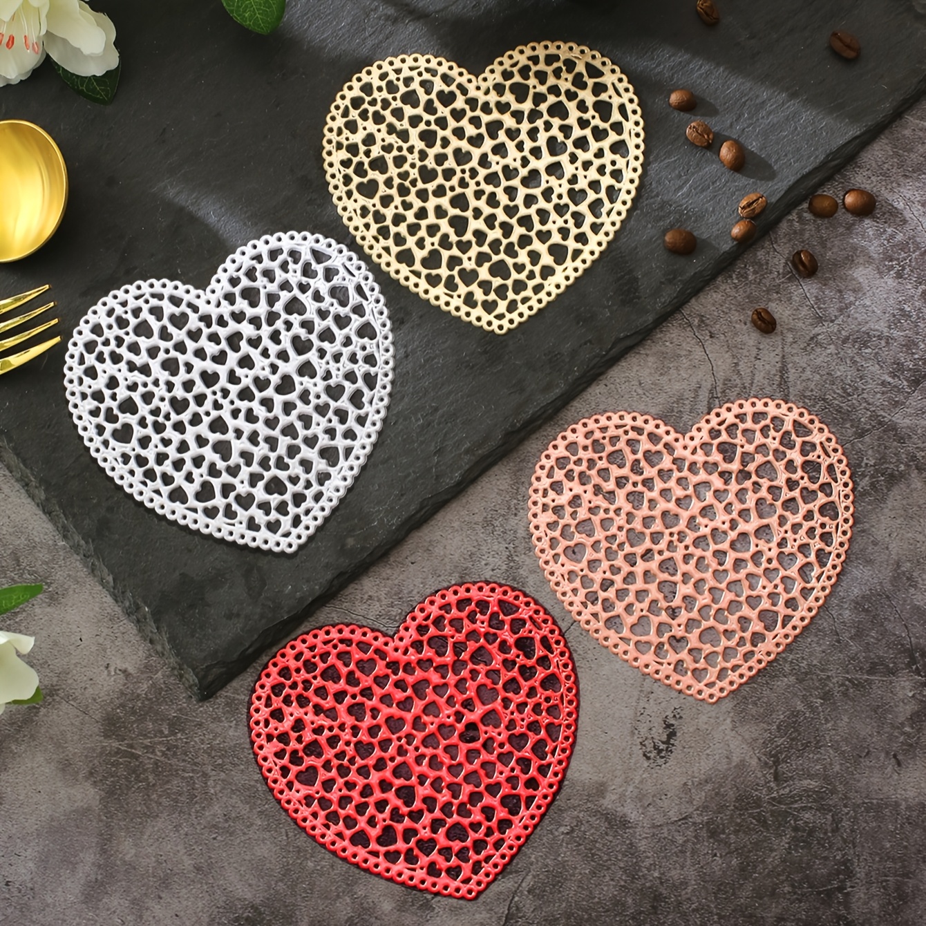 

Set Of 6 Heart-shaped Coasters For Valentine's Day, Perfect For Keeping Your Drinks Warm. Ideal For Decorating Wedding Dining Tables Or Adding A Touch Of Elegance To Your Dinner Dates.