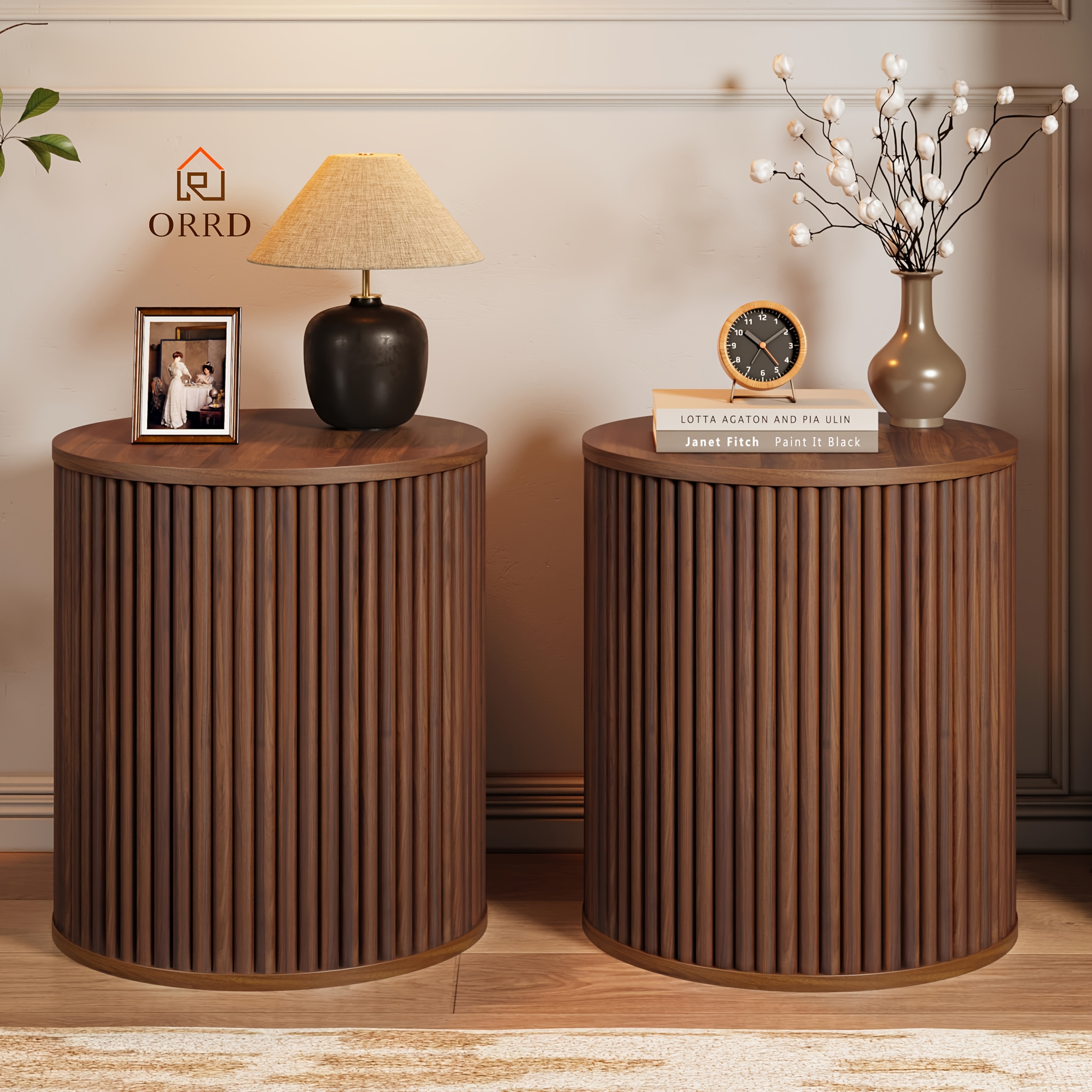   small round side table fluted night stand   century modern end table with storage circle bedside tables wood nightstands for small spaces living room bedroom easy to assemble