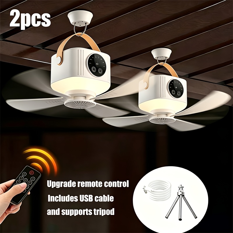 2pcs Portable Ceiling Fan With Led Light, Detachable , Usb Rechargeable Camping Fan, Tent Fan, Adjustable Wind Speed, Light And Timer, Suitable For Rv, Truck, Roof Tent, Travel, Camping