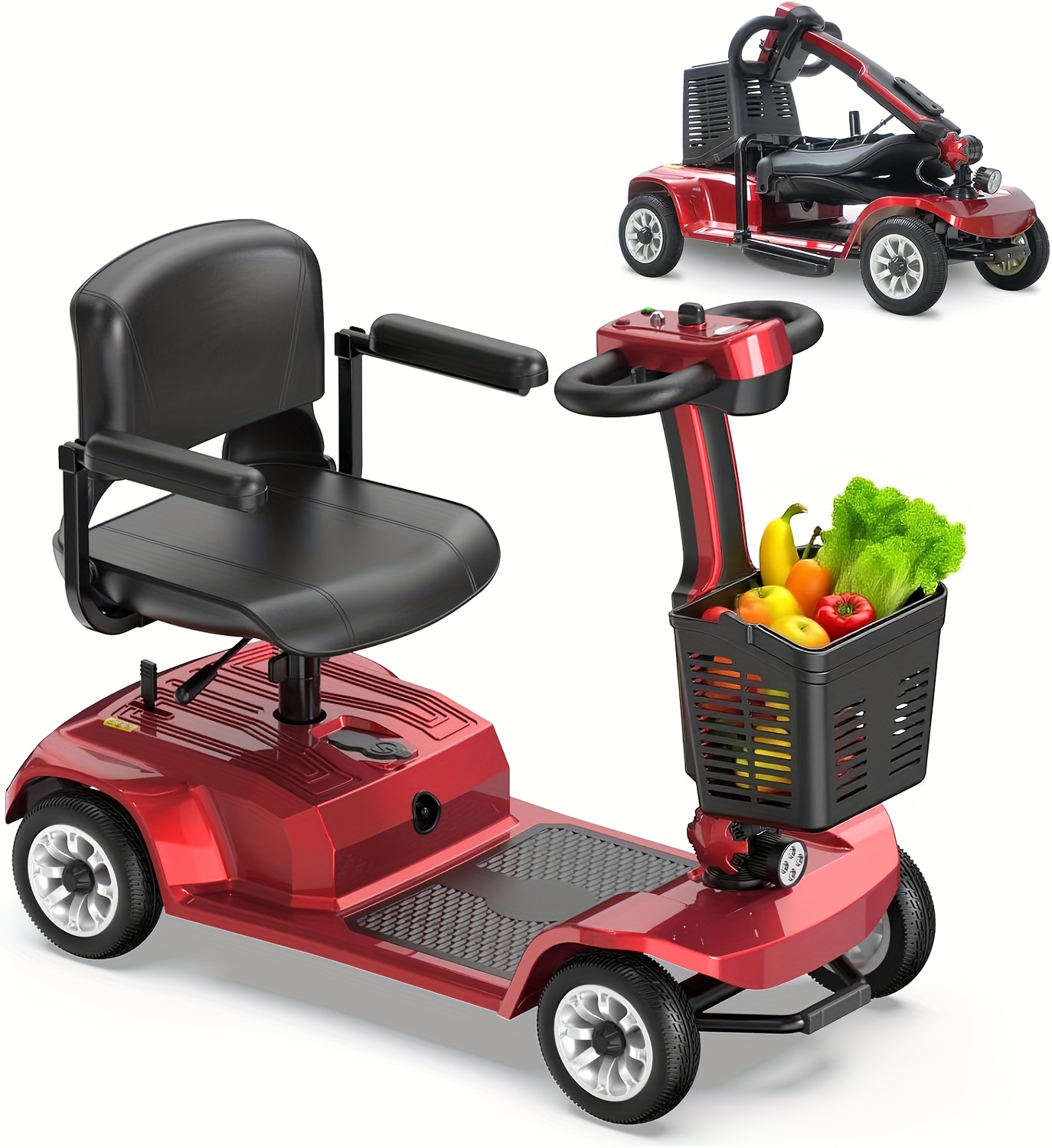 lightweight 4-wheel electric mobility scooter with non-slip   solid tires, front basket, led headlight, foldable adult mobility scooter with red/black/blue/purple colors, senior transportation, safety features disabled mobility aid Product details 4