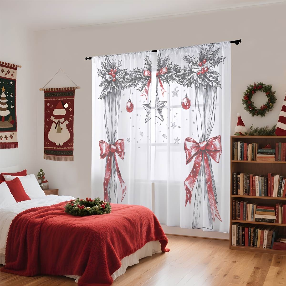 TEMU 2pcs Rideaux à Imprimé Floral de Noël avec Rouges & Étoiles - Draperies en Polyester Semi-Transparents, Lavables en Machine pour Salon, Chambre,