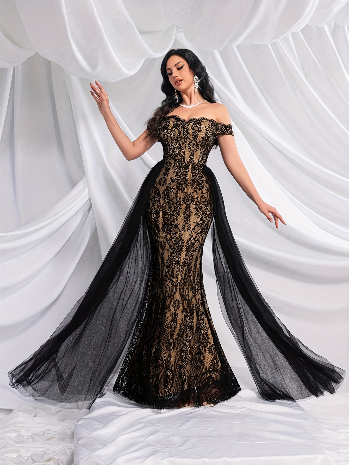 elegant shoulder lace gown women solid color sheer mesh - Temu United Arab  Emirates