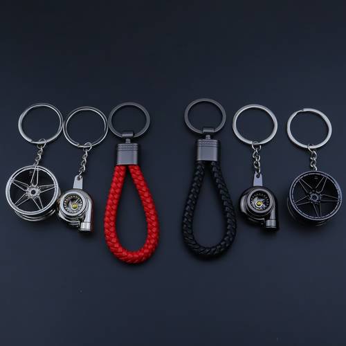 3pcs creative alloy car modification keychain set featuring wheel hub and braided leather cord designs automotive tuning keychains gift keychains