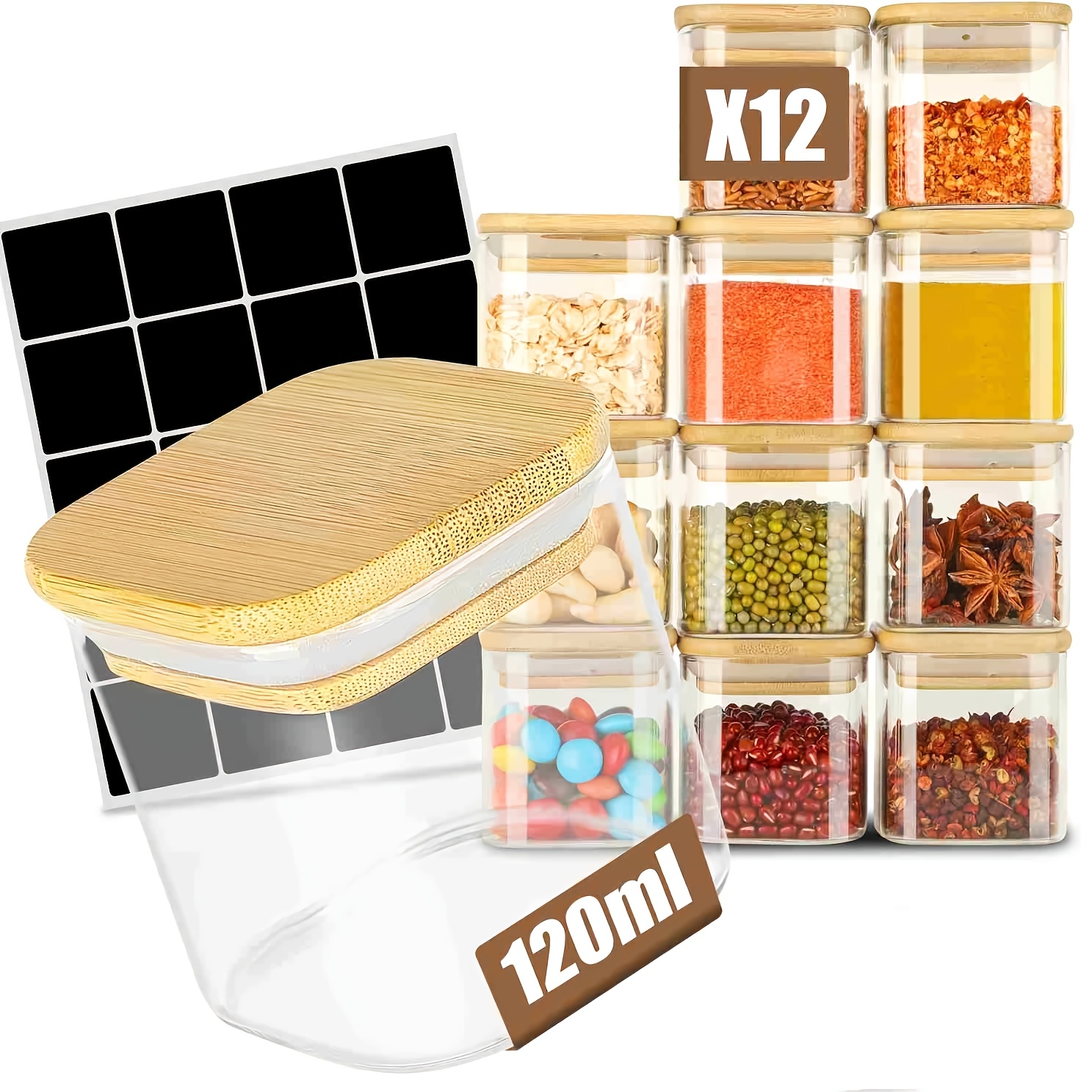 Image of A Set Of 12 Glass Storage Jars, 120ml Spice Jars, Square Wooden Lids, Storage Jars, Spice Containers With Lids, Small Spoons, Stackable Kitchen Spice Jars
