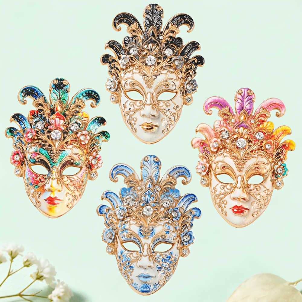 Vintage Venetian Mask Enamel Brooch with Rhinestone Inlay
