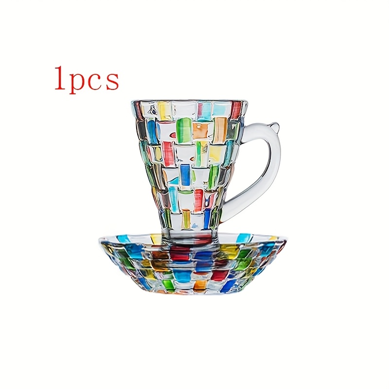 TEMU Hand-painted Coffee Cup And Saucer Glass With A Capacity Of 5 Ounces. Colorful Hand-painted Latte Glass Cups, Suitable For Espresso, Milk, ,