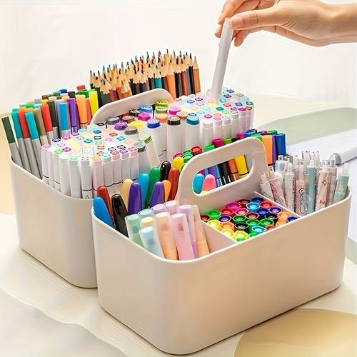 multifunktionaler aufbewahrungskorb mit griff, tragbarer stiftehalter für bleistifte kugelschreiber, schreibtisch-organizer mit 5-fach-teiler, extra große federmappe, kunststoff-etui für stifte wachsmalstifte, transparente marker-aufbewahrungsbox, stapelbarer aufbewahrungsbehälter für bastelbedarf