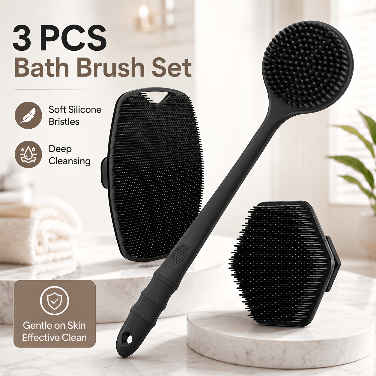 TEMU Set Spazzola Schiena e Bagno con , Spazzola Doccia con Setole Morbide Sostituibili e Rimovibili, Strumento di Esfoliazione Senza , Spazzola