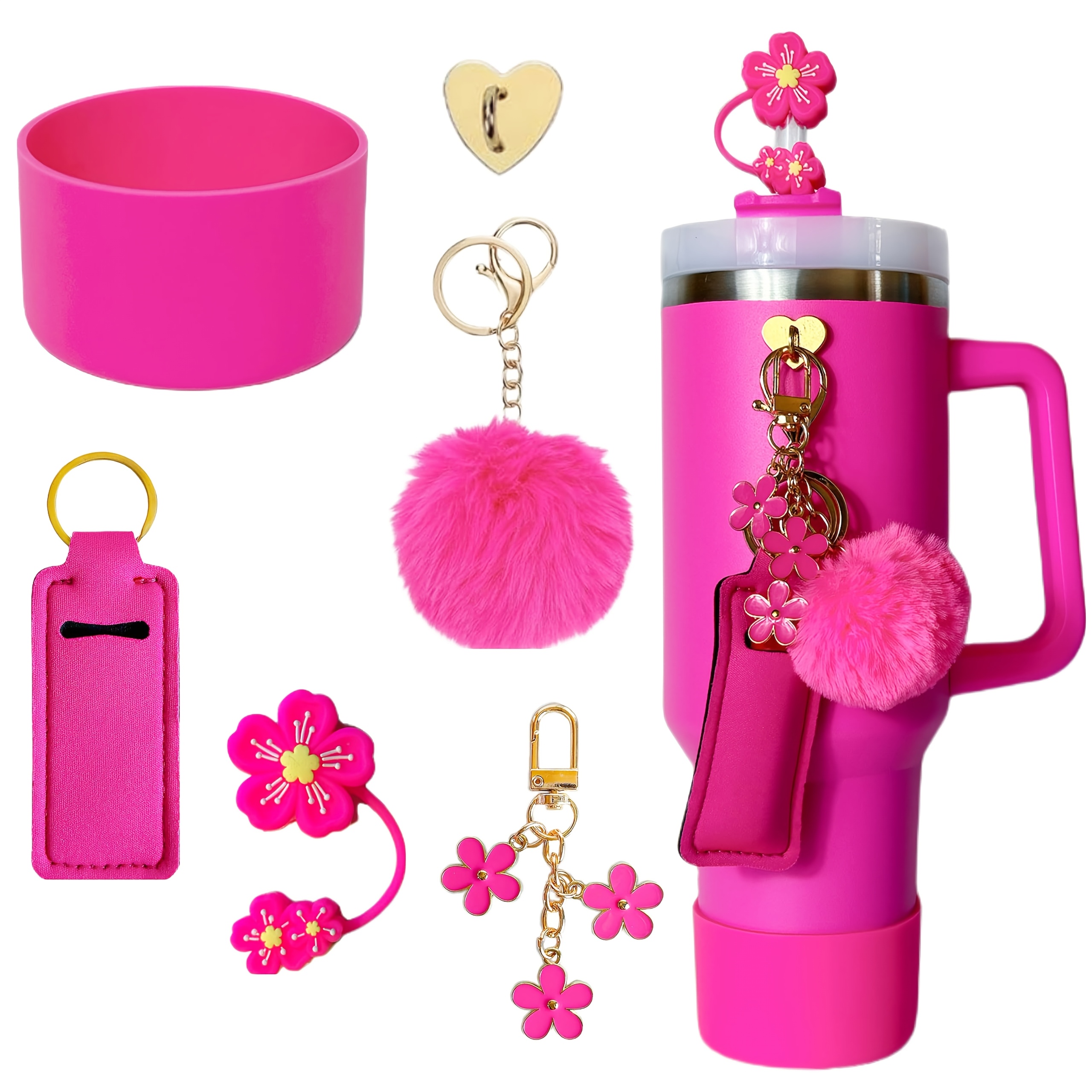 TEMU Additions For Cup 40oz, 1 Silicone Boots For Cup, 1 Flower Straw Cover Topper, 1 Charms Hooks, 1 Lipstick Holder Bag, 1 Pompom Ball, 1 Cute