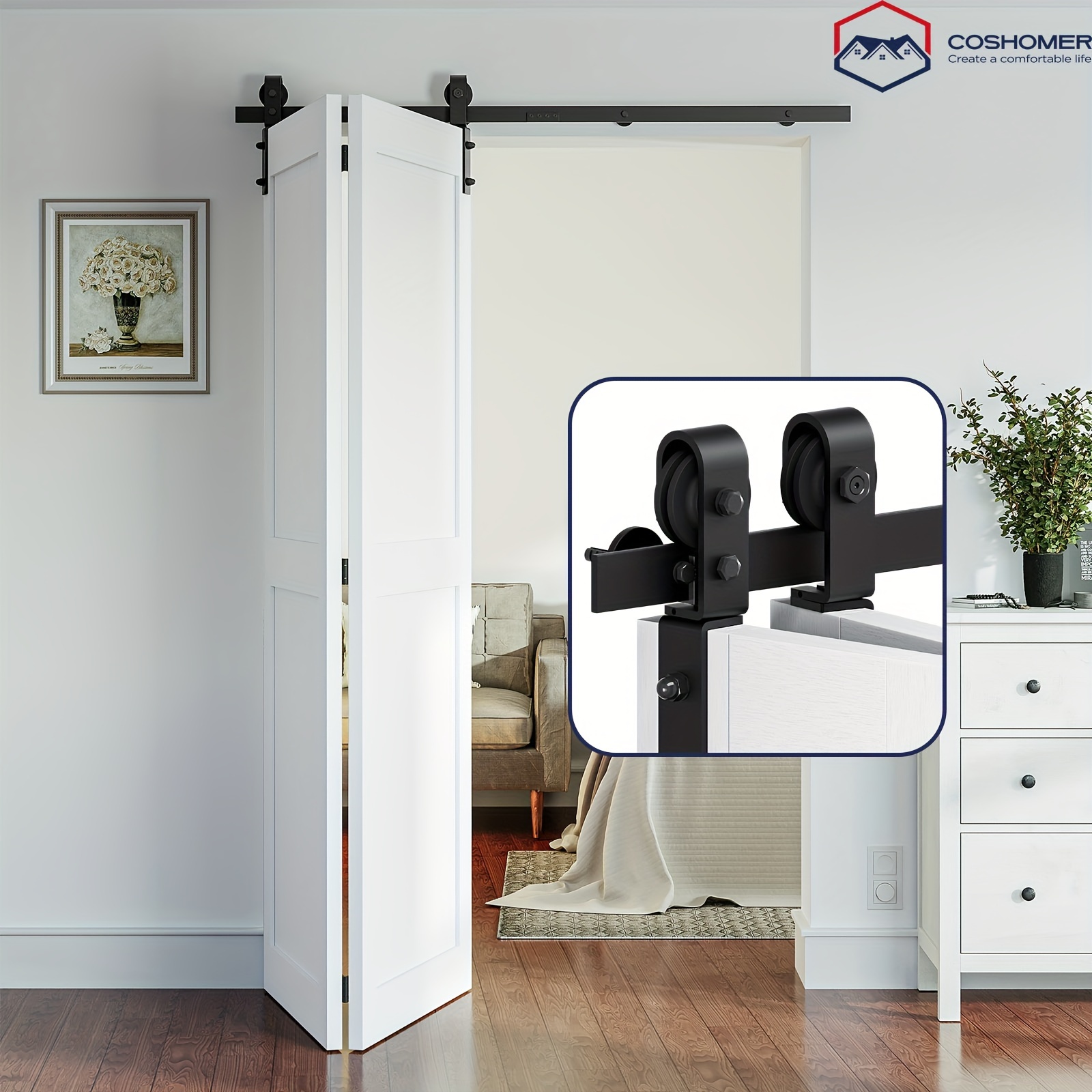 

Coshomer Bifold Sliding Barn Door Hardware Track Kit, Side Mounted Black Roller, Smoothly And Quietly, Assembly Easy, Fit Double Door 4 Bi-folding Doors (door Not Included)