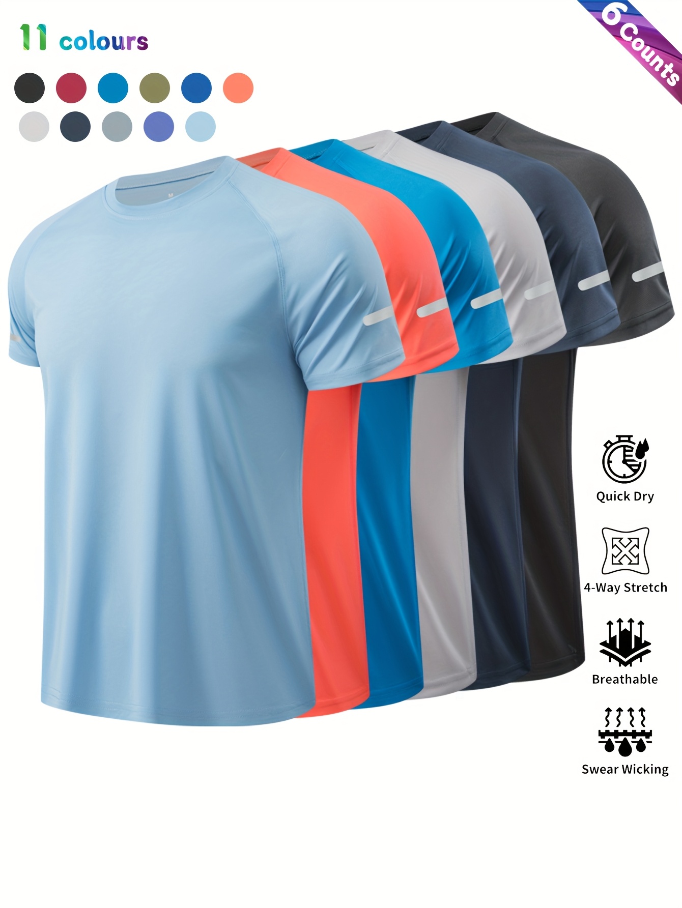 6pcs mens quick dry moisture wicking athletic t shirts breathable polyester   with 4 way stretch 11 color options for gym running cycling basketball gym shirts athletic clothing sports activewear round neck tee   fabric stretchable material running shirt activewear top lightweight shirt training tee fitness enthusiasts