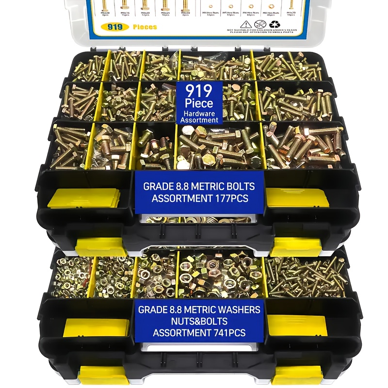 Image of A Set Of 919pcs Of Heavy-duty Bolts And Nuts Rated At 8.8, Yellow Galvanized Metric Sizes M4, M5, M6, And M8, Including Nuts, Bolts, And Washers, With A Box, Ideal For Enthusiasts And Professionals