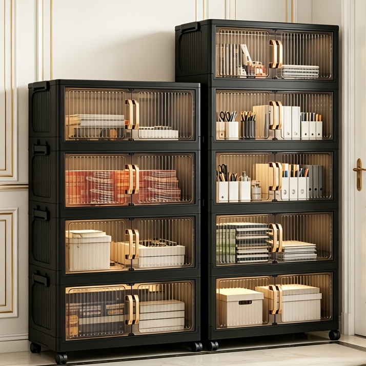 No Assembly 2/3/4/5 Tier Foldable Stackable Storage Cabinet, 44.29 Inch Large Capacity Modular Organizer Box with Lid, Rolling Wheels & Magnetic Double Door, Space Saving Portable Multi-Layer Storage Unit, Easy Setup Household Storage Container