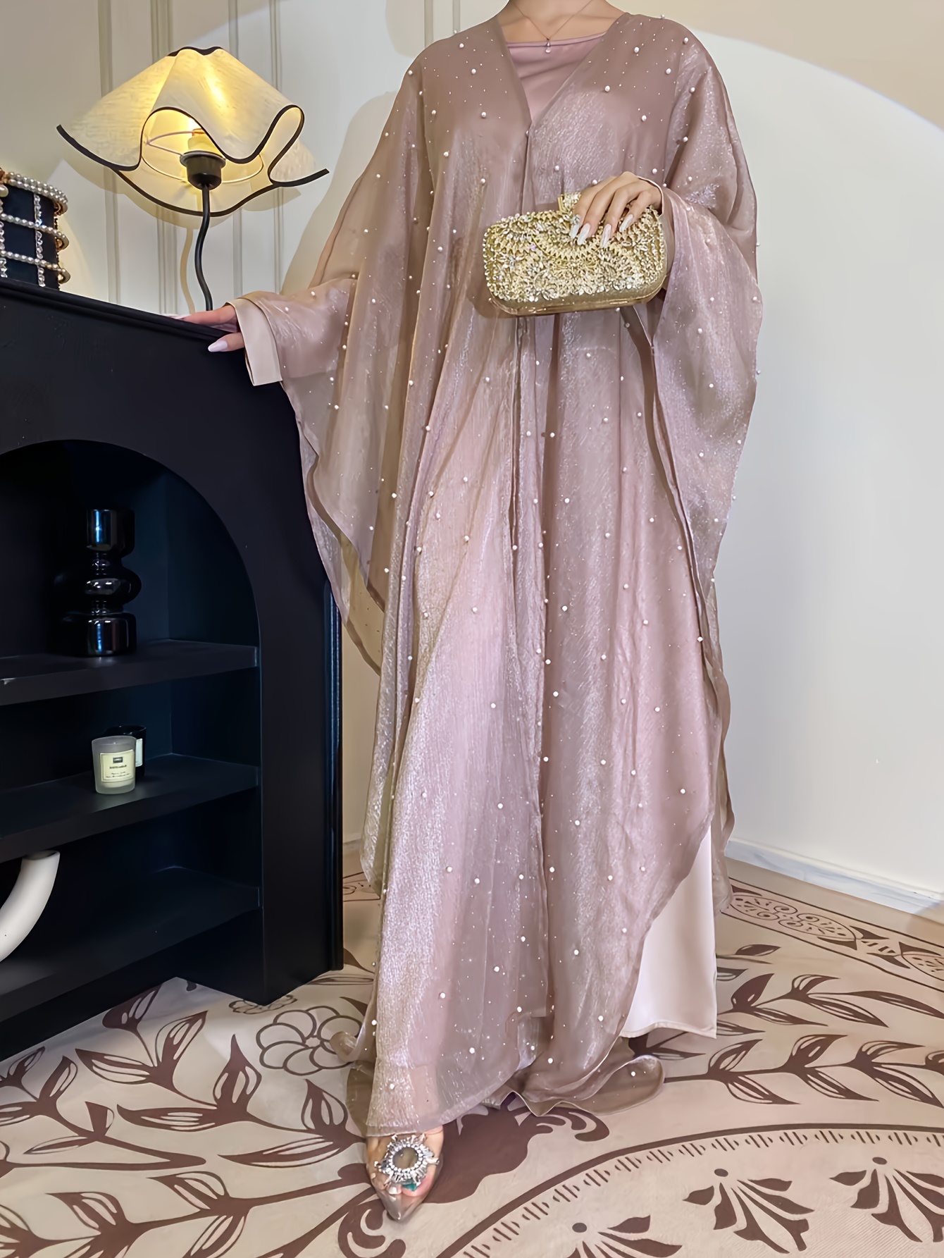 a shimmering open front abaya set a matching inner garment Temu