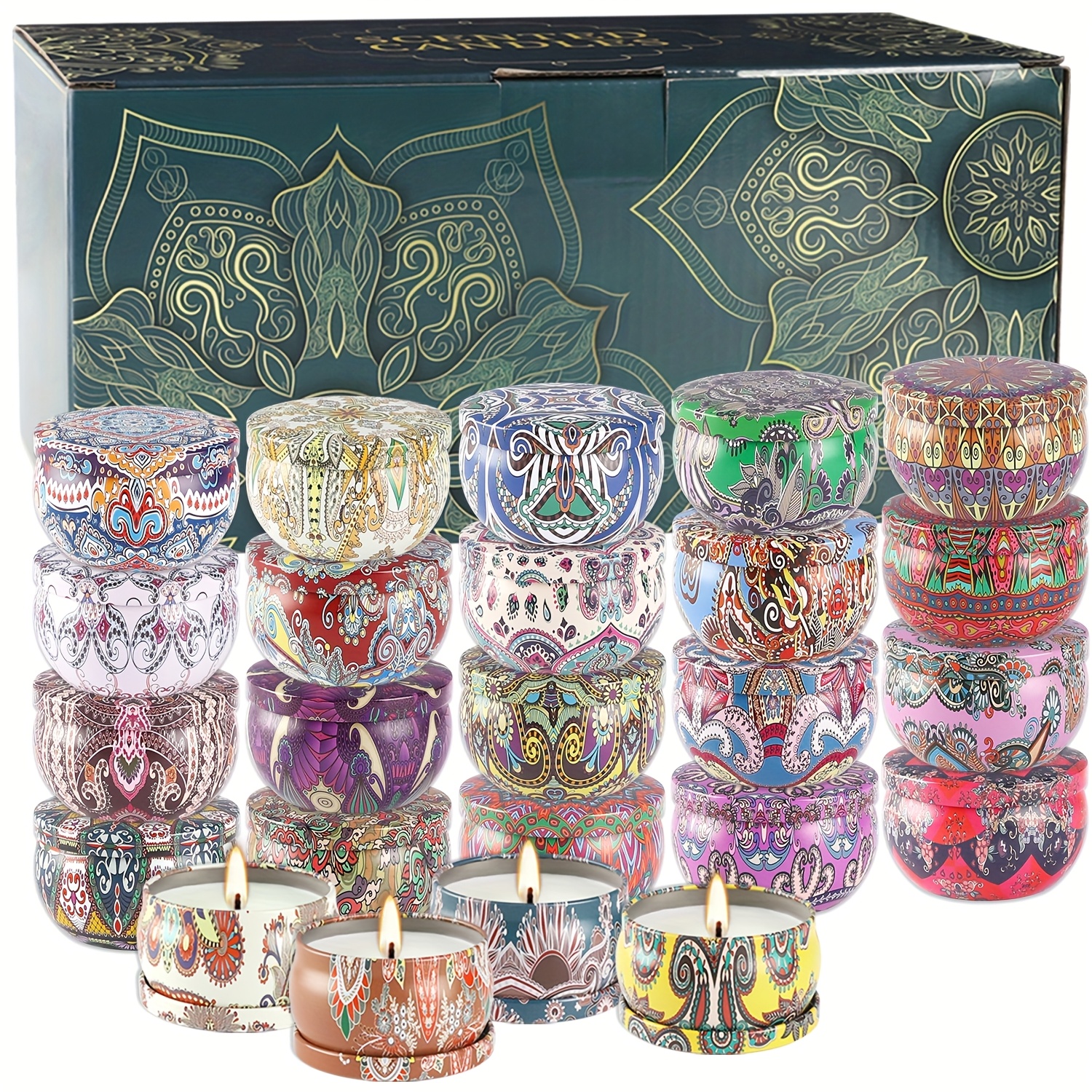 TEMU Halloween Christmas 24pcs Of Ethnic Pattern Scented Candles, 2.5 Ounces, 2.4*1.57 Inches, Featuring Ethnic Style Patterns, Colorful, Beautiful,