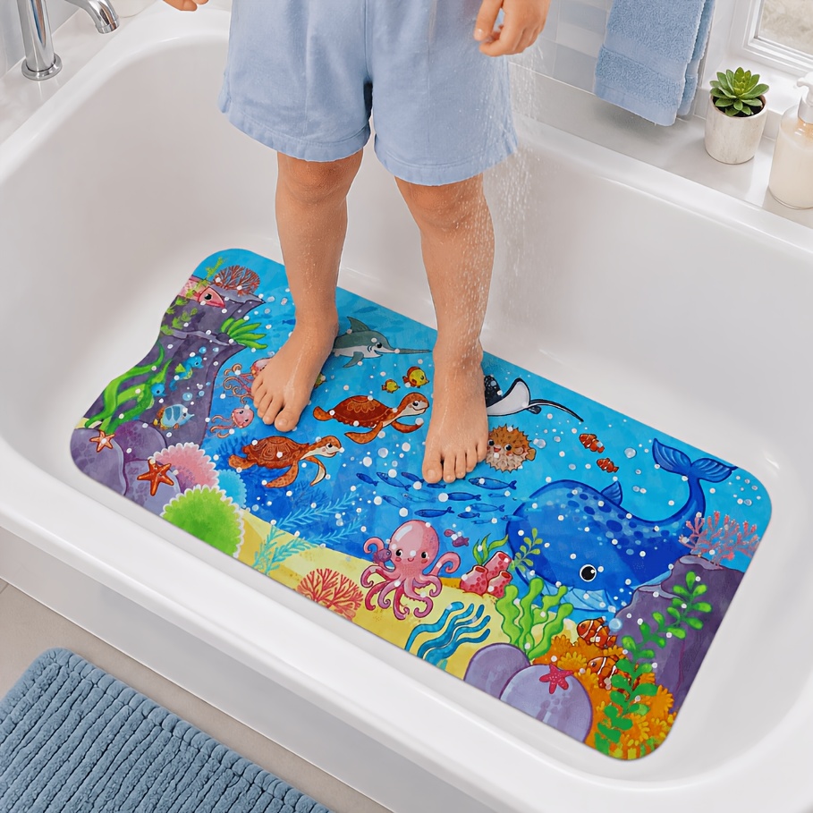 TEMU Ocean-themed Bath Mat Suitable For Showers & Bathtubs - Non-slip Pvc With , & Fish Patterns, Drainage Holes, Machine Washable Bath Tub Mat For