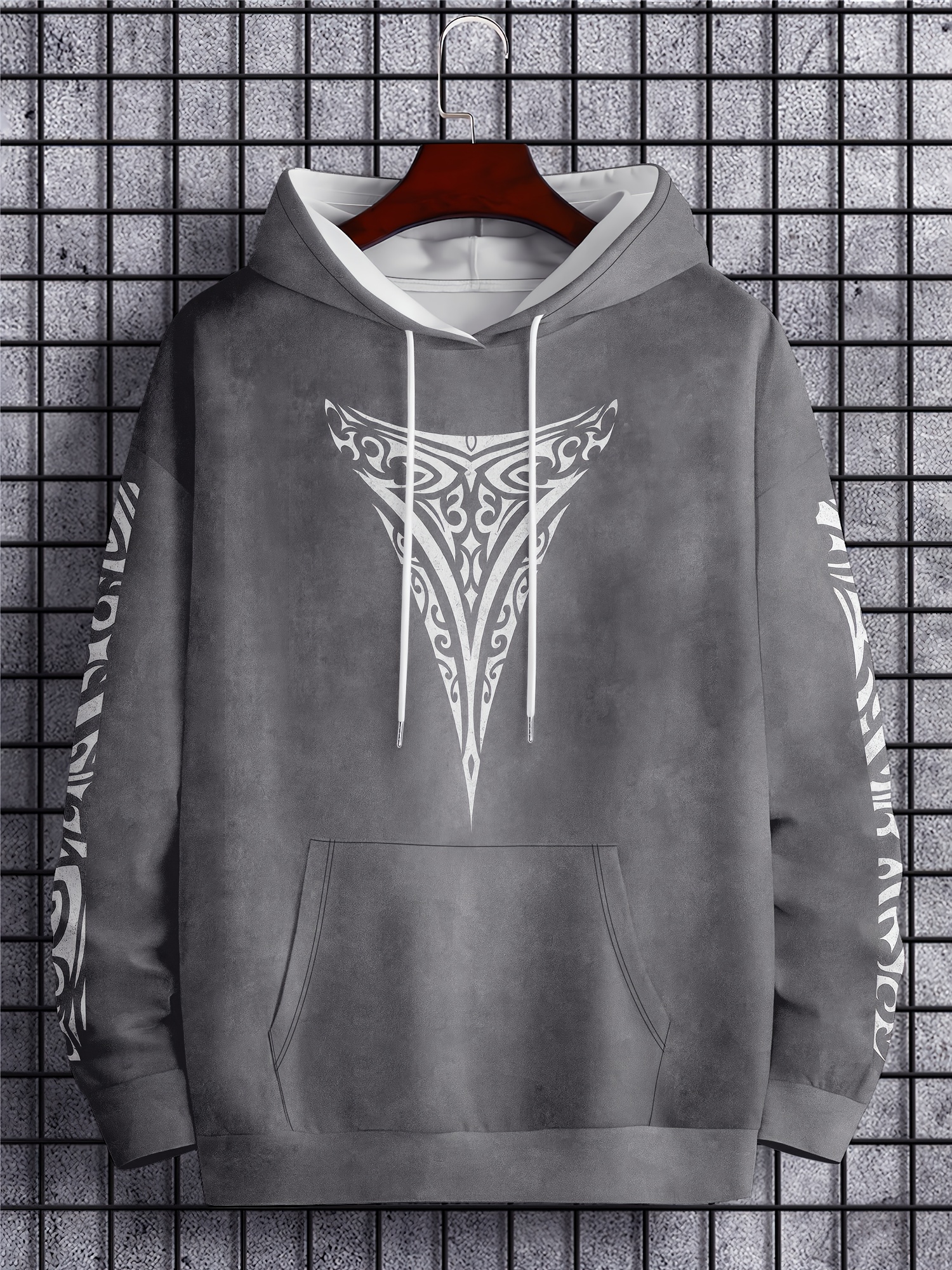 mens 3d tribal print hooded sweatshirt oversized loose fit gothic celtic knot maori tribal design long sleeve pullover dark grey black casual streetwear sweater machine washable statement piece with relaxed fit   print for casual attire 3d printed hooded sweatshirt with intricate   relaxed fit for men stylish and comfortable for casual   silvery grey 0