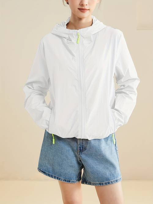 chaqueta con capucha y protección solar para mujer, cremallera, larga, top para exteriores