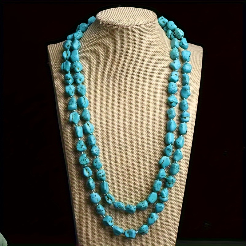 

Vintage Tribal Style Natural Turquoise Beaded Choker Necklace - Elegant Fashion Gemstone Jewelry, Stone Main Material, No Plating, For Daily Wear - Set Of 1