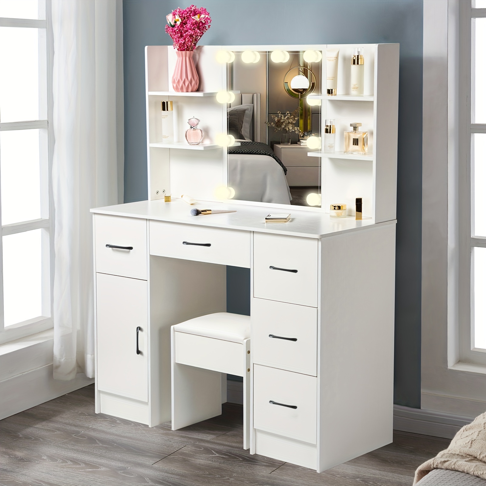 Modern White Solid Dresser with Illuminated Mirror