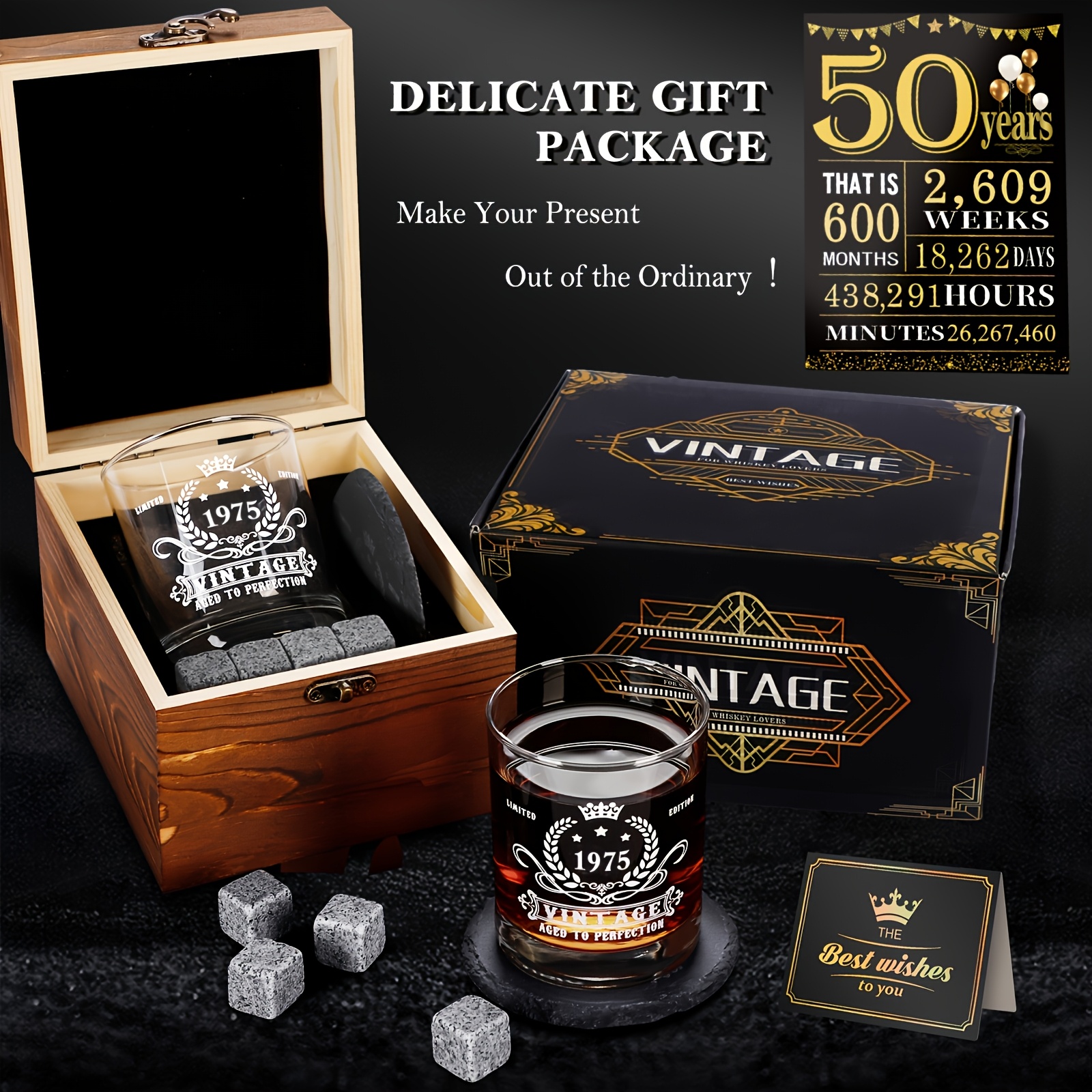 50th 51st vintage whiskey glass set birthday gifts for men best   card wood box whiskey stones coaster unique idea for him   1975 1974 dad husband brother boss surprise in fathers day valentines day christmas thanksgiving