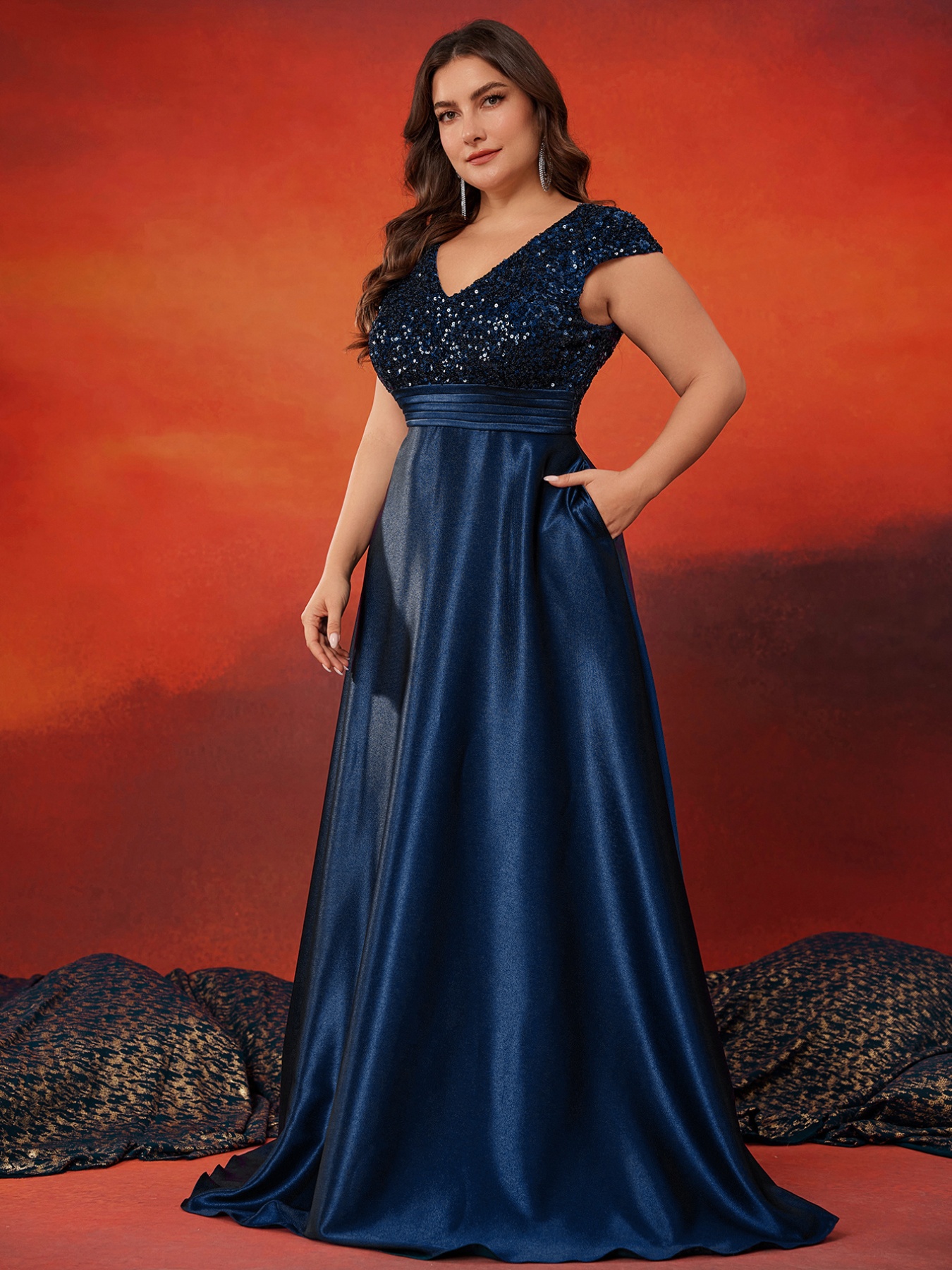 Plus Size Women's Elegant Satin Evening Gown - V-Neck Long Sleeve Sequin  Embellished A-Line Wedding Dress with Pockets, Floor-Length Formal Party &  Gala Dress for Summer