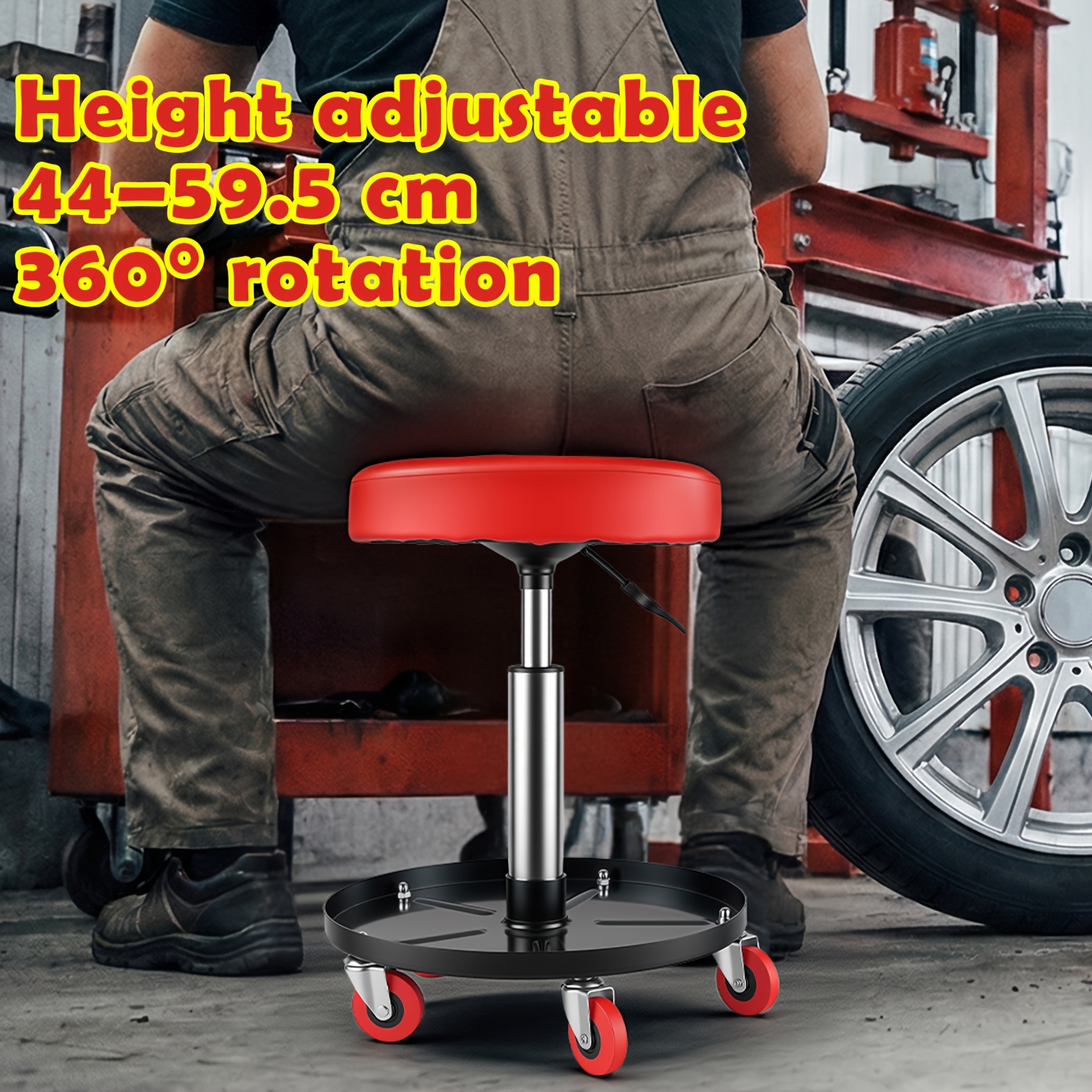 TEMU 135kg Rolling Mechanic Seat With Storage, Height Adjustable 44cm To 59.5cm & Padded Seat With , Workshop Stool Heavy Duty