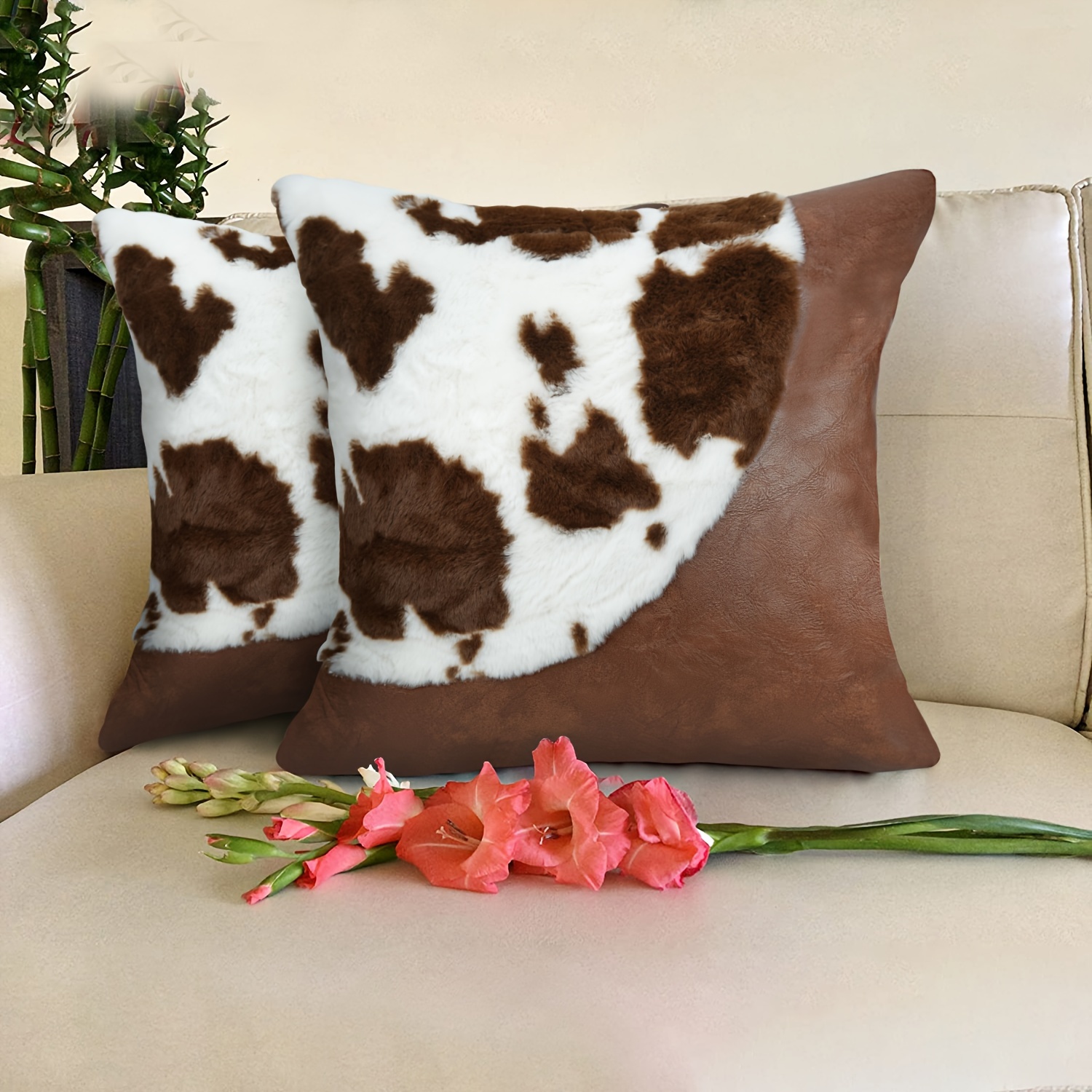 

Traditional-style Milk Cow Print Patchwork Leather Throw Pillow Cover 17.71in, Woven Polyester With Zipper Closure For Living Room Sofa - Hand Wash Only (1pc, Pillow Insert Not Included)