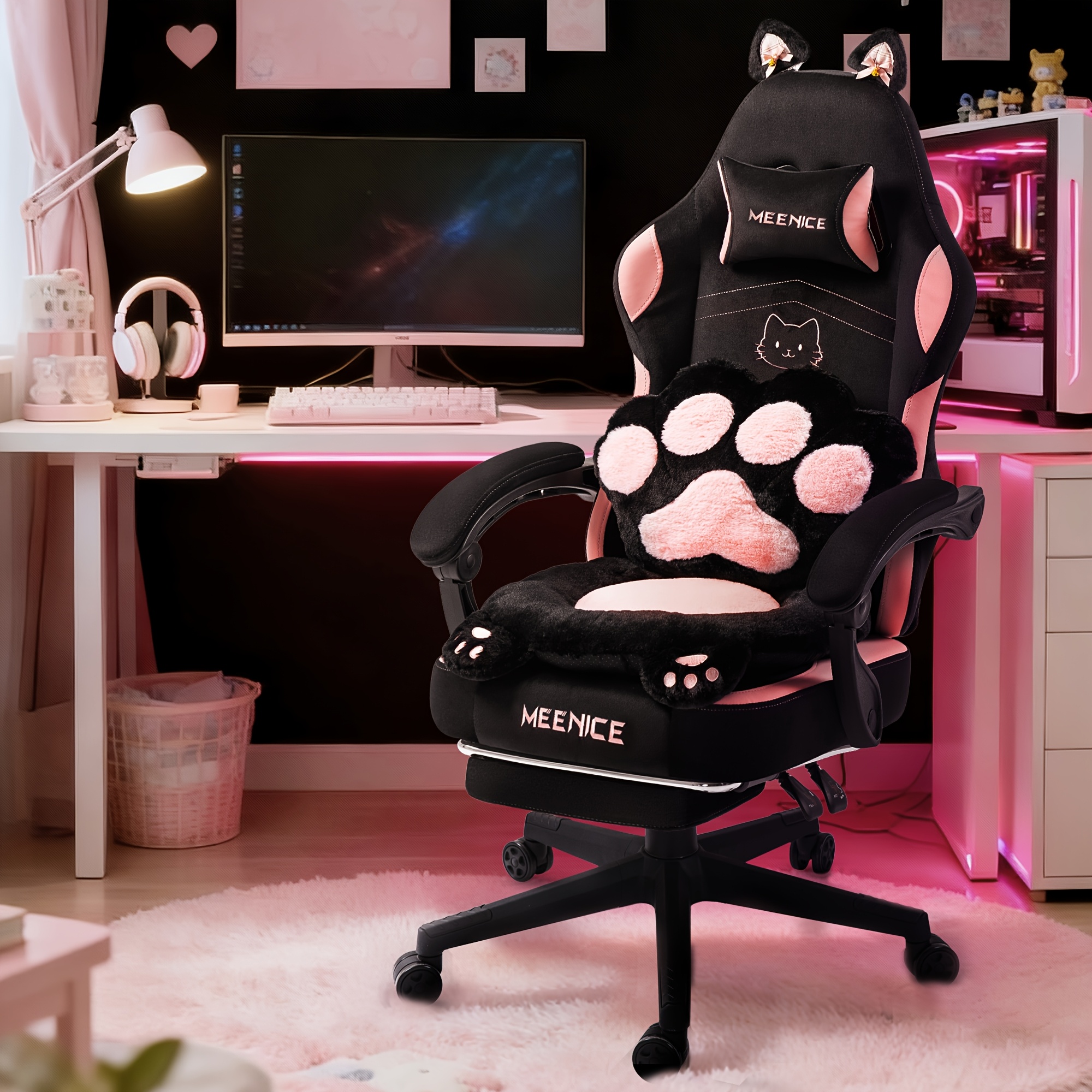 E-shop Gaming-Stuhl mit niedlichem Katzenohren-Lendenkissen & verstellbarem Fußstütze – Ergonomischer Computer-Bürostuhl für Mädchen/Erwachsene, 300LBS