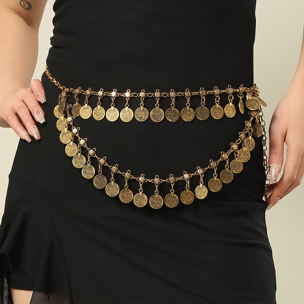 vintage bohemian metal coin tassel belt black waist belt - Temu display picture 1