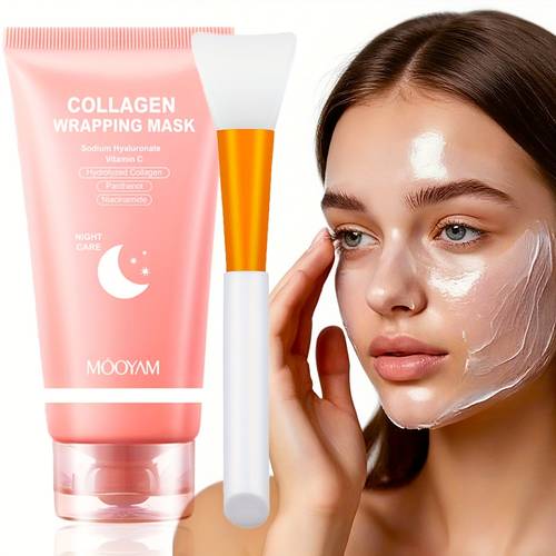 collageen nachtmasker met kwast - elasticiteit en hydraterende verzorging, bevat gehydrolyseerd collageen, niacinamide, natriumhyaluronaat en c - koreaanse huidverzorgingsproductformules, 2.71oz