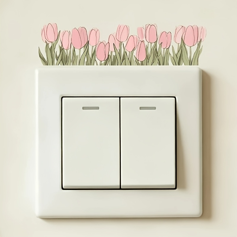 Image of 2-in-1 Creative Pink Tulip Light Switch Stickers, Style Self-adhesive Removable Wall Decals, High-quality Uv Printed Decor For Bedroom Living Room Refrigerator Cabinet Doors Laptops