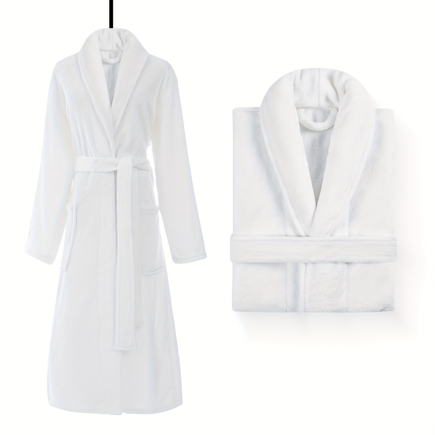 Image of Warm And Thick - Loungewear - Nightgown - Bathrobe - Holiday Gift - Unisex - Flannel White Bathrobe - Men's - Women's - Adult Bathrobe - Soft - Comfortable - Suitable For Bathroom, Bedroom, Pool