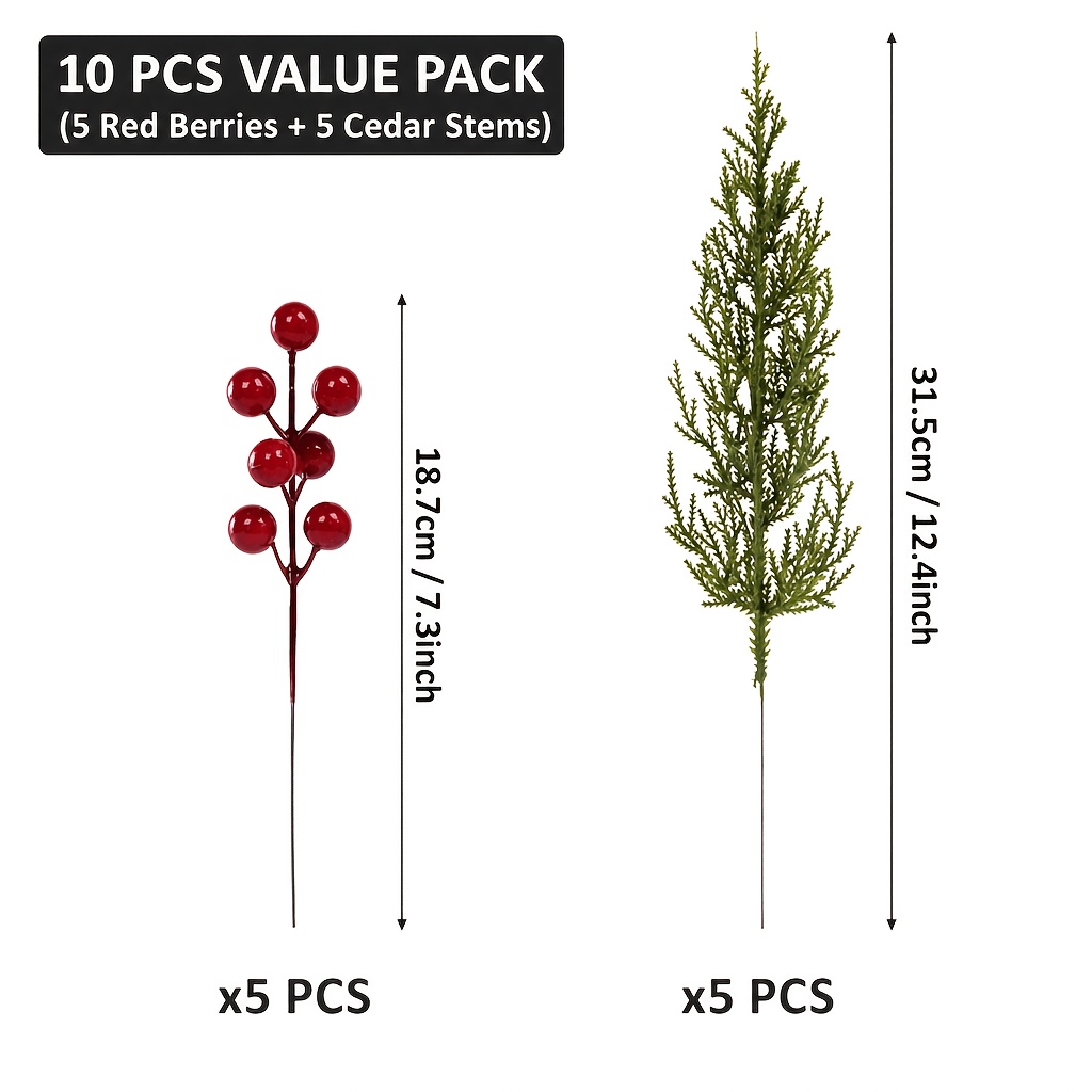 TEMU 10 Artificial Berry Pine Branches, Suitable For Christmas Decorations, Birthday Gifts, , Bedroom Decor, Room Decor, Home Decor, Christmas